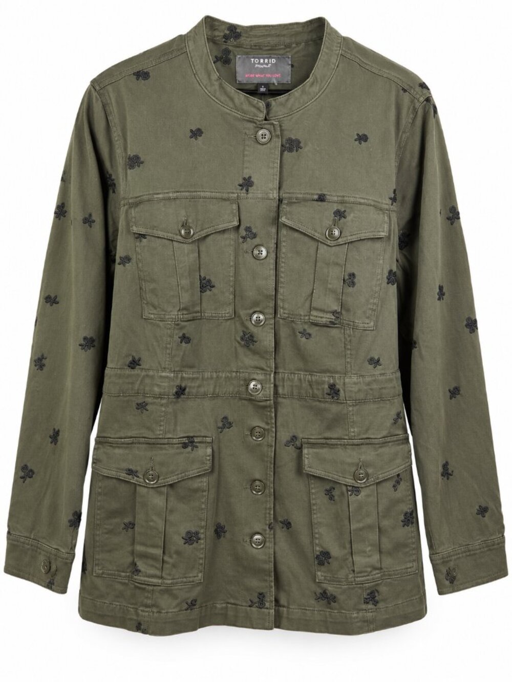 NWT Torrid Olive Fitted Military Embroidered Tawny Daisies Floral Cotton Jacket - Picture 2 of 13